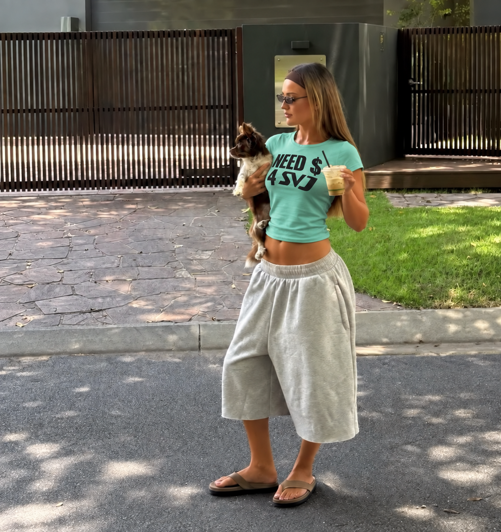 Need $ 4 SVJ teal fitted tee — candid styling with dog