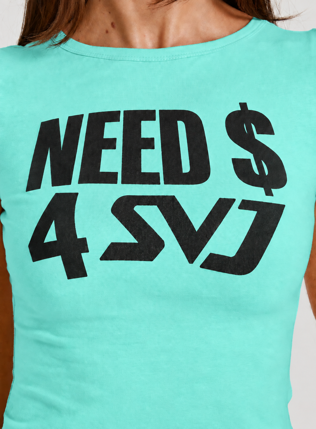 Need $ 4 SVJ teal fitted tee — close-up print detail
