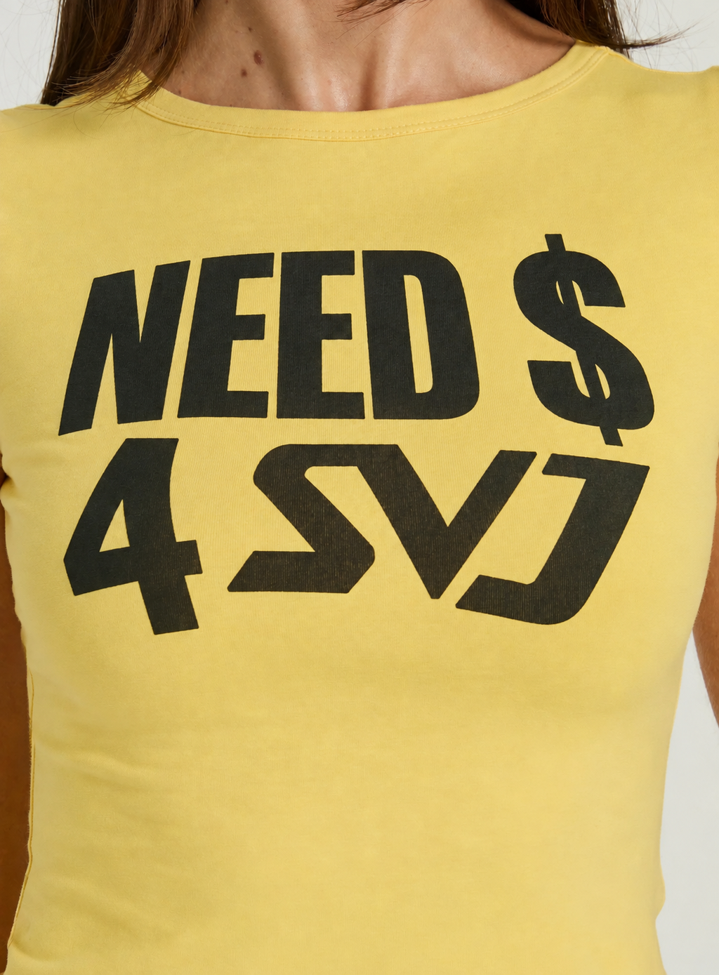Need $ 4 SVJ yellow fitted tee — graphic close up