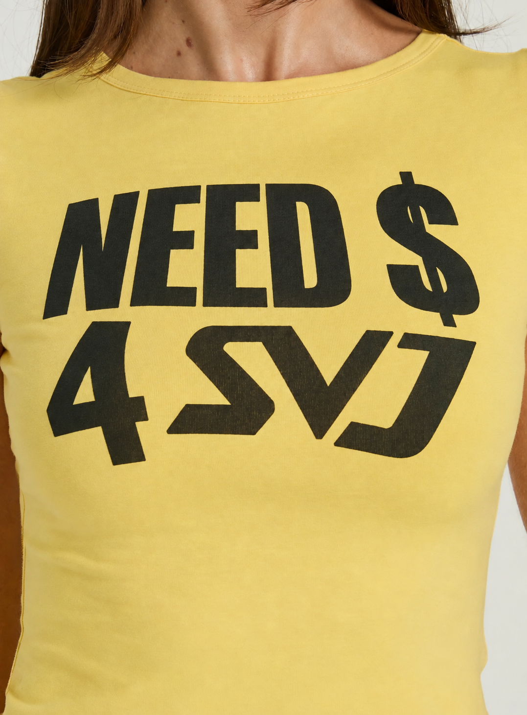 Need $ 4 SVJ yellow fitted tee — graphic close up
